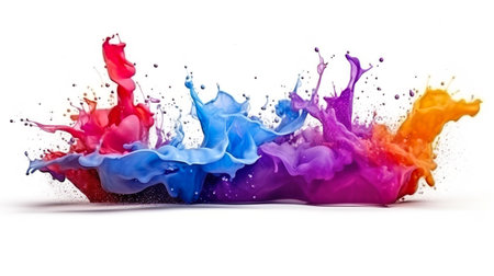 Abstract background with colourful wet artistic paints explode with splashing drops. Acrylic...