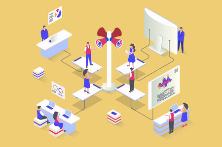 Referral marketing concept in 3d isometric design. Loyalty program to attract new customers using communication and advertisement tools. Vector illustration with isometry people scene for web graphicのイラスト素材