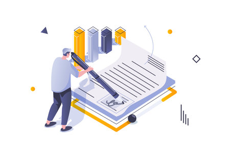 Business marketing concept in 3d isometric design. Businessman signing documents partnership agreement, getting bank deposit for invest. Vector illustration with isometric people scene for web graphicのイラスト素材