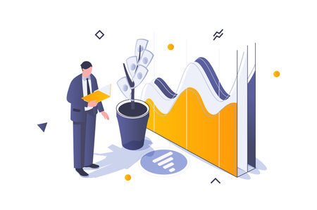 Business marketing concept in 3d isometric design. Businessman working with data charts, accounting revenue, company earning profit. Vector illustration with isometric people scene for web graphicのイラスト素材