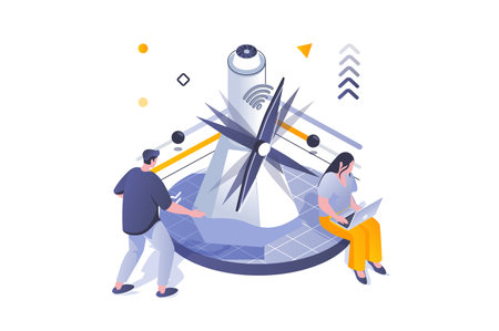 Eco lifestyle concept in 3d isometric design. Wind turbines station for energy generation, sustainable alternative sources technology. Vector illustration with isometric people scene for web graphicのイラスト素材