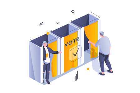 Election and voting concept in 3d isometric design. Man and woman voters choosing their political candidates in public voting booths. Vector illustration with isometric people scene for web graphicのイラスト素材