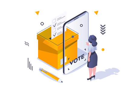 Election and voting concept in 3d isometric design. Woman voter chooses political candidate and put tick on electronic ballot st screen. Vector illustration with isometric people scene for web graphicのイラスト素材