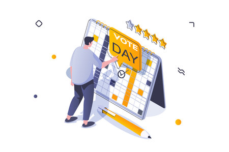 Election and voting concept in 3d isometric design. Man voter marks election day on calendar and planning to come to polling station. Vector illustration with isometric people scene for web graphicのイラスト素材