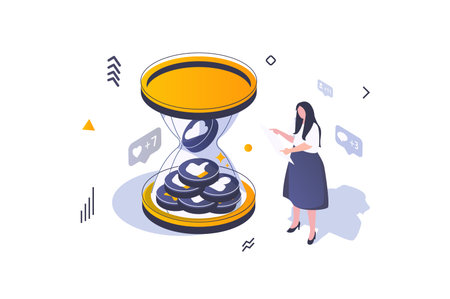 Social media concept in 3d isometric design. Woman blogging online and promoting blog, collecting likes hands from new followers. Vector illustration with isometric people scene for web graphicのイラスト素材