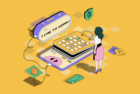 Mobile organizer concept in 3d isometric design. Woman planning meetings on dates in digital calendar, task management and productivity. Vector illustration with isometry people scene for web graphicのイラスト素材