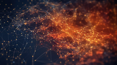 Abstract background with glowing network structure with dots and lines in close up view. Bright connected neural grid futuristic wallpaper. Horizontal illustration for banner design. Generative AI.の写真素材