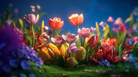 Abstract background with spring meadow with different colors flowers and grass in close up view....