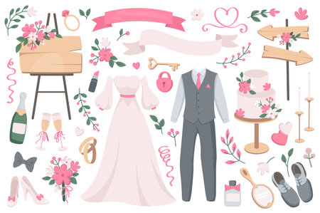 Wedding objects mega set in graphic flat design. Bundle elements of bride dress, groom suit, empty ribbons, flowers bouquet, champagne, glasses, rings, other. Vector illustration isolated stickersのイラスト素材