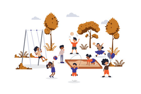 Children playing on playground concept with character scene for web. Boys and girls play in sandbox, swing, jumping rope. People situation in flat design. Vector illustration for marketing material.のイラスト素材