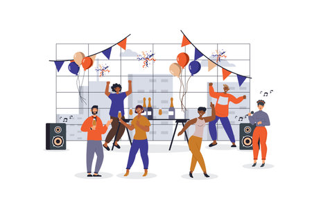 Holiday party concept with character scene for web. Women and men dancing, drinking, celebrate at festive event together. People situation in flat design. Vector illustration for marketing material.のイラスト素材