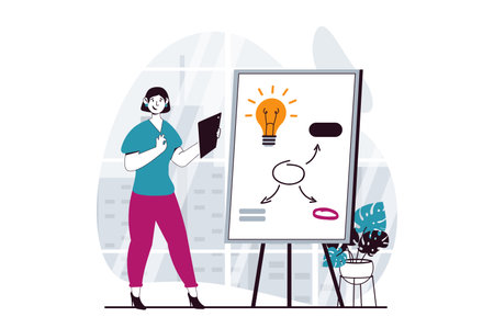 Branding team concept with people scene in flat design for web. Woman planning development strategy and creating new ideas for brand. Vector illustration for social media banner, marketing material.のイラスト素材