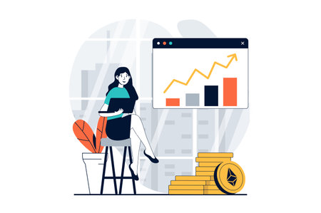 Cryptocurrency marketplace concept with people scene in flat design for web. Woman analysing financial trends and buying ethereum. Vector illustration for social media banner, marketing material.のイラスト素材