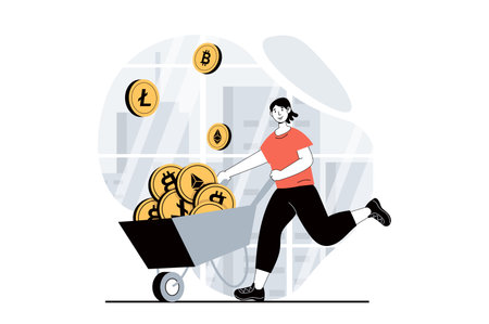 Cryptocurrency mining concept with people scene in flat design for web. Woman with wheelbarrow mining bitcoin, litecoin, ethereum. Vector illustration for social media banner, marketing material.のイラスト素材