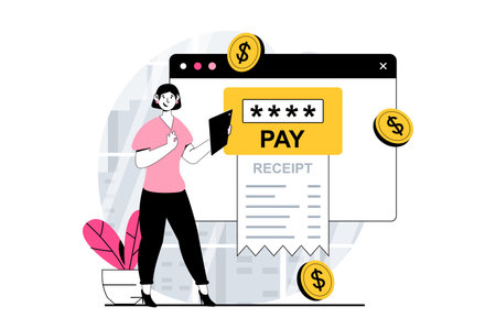 Electronic receipt concept with people scene in flat design for web. Woman receiving digital check at webpage and making online pay. Vector illustration for social media banner, marketing material.のイラスト素材