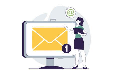Email service concept with people scene in flat design for web. Woman receives notification about new incoming letter at computer. Vector illustration for social media banner, marketing material.のイラスト素材
