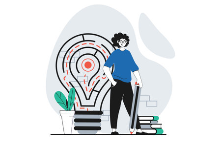 Finding solution concept with people scene in flat design for web. Man finds route in labyrinth, brainstorm and finds new opportunity. Vector illustration for social media banner, marketing material.のイラスト素材