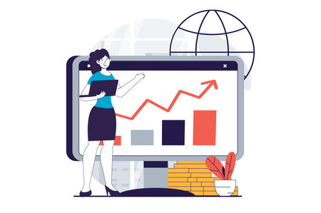 Global economic concept with people scene in flat design for web. Woman analyzing data graph, creating business development strategy. Vector illustration for social media banner, marketing material.のイラスト素材