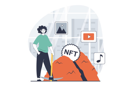 NFT token concept with people scene in flat design for web. Man with pickaxe creating digital content with non fungible token for sell. Vector illustration for social media banner, marketing material.のイラスト素材