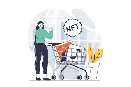NFT token concept with people scene in flat design for web. Woman with cart buying collectible artwork paintings in virtual gallery. Vector illustration for social media banner, marketing material.のイラスト素材