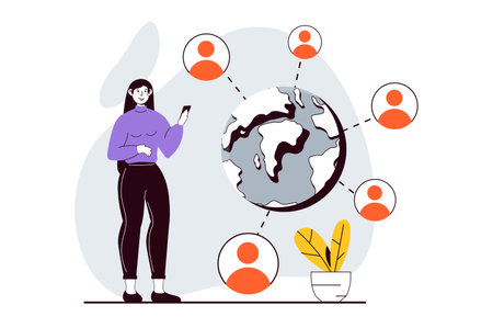 Social network concept with people scene in flat design for web. Woman getting contacts and connecting online with friends in global. Vector illustration for social media banner, marketing material.のイラスト素材