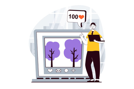 Social network concept with people scene in flat design for web. Man making post with image in...