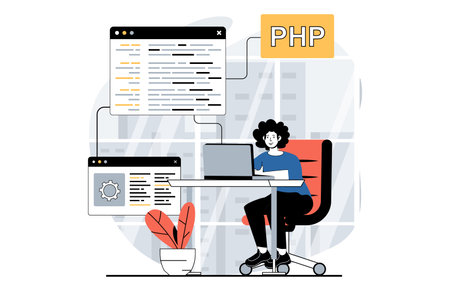 Software development concept with people scene in flat design for web. Man coding and creating programming code for new products. Vector illustration for social media banner, marketing material.のイラスト素材