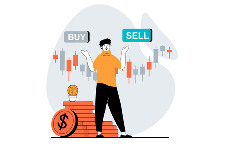 Stock market concept with people scene in flat design for web. Man analyzing risks and making decision with options of buy or sell. Vector illustration for social media banner, marketing material.のイラスト素材