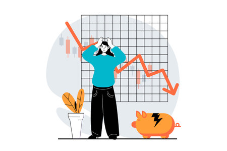 Stock market concept with people scene in flat design for web. Woman making risk invest and getting crash, negative trend and crisis. Vector illustration for social media banner, marketing material.のイラスト素材