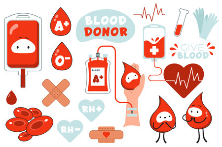 Blood donor mega set in graphic flat design. Bundle elements of red liquid in bag, drops, groups and rhesus, dropper, cells, test tube, heart, gloves and other. Vector illustration isolated stickersのイラスト素材