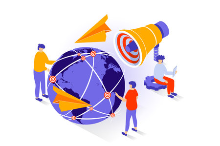 Business and marketing concept in 3d isometric design. People developing company on global market, promoting online and attracting clients. Vector illustration with isometry scene for web graphicのイラスト素材