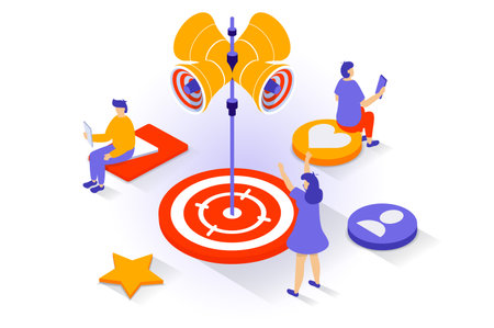 Business and marketing concept in 3d isometric design. People attracting target audiens, using online promotion tools for developing company. Vector illustration with isometry scene for web graphicのイラスト素材