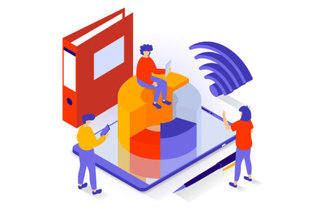 Business and marketing concept in 3d isometric design. People making financial analysis, creating report and working with company documents. Vector illustration with isometry scene for web graphicのイラスト素材
