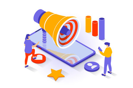 Business and marketing concept in 3d isometric design. People creating online promotion strategy, creating advertising for social networks. Vector illustration with isometry scene for web graphicのイラスト素材