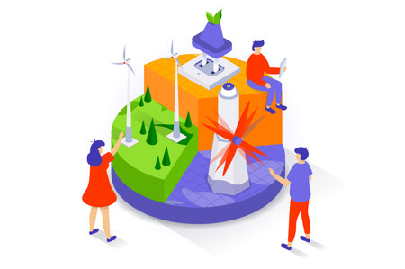 Eco lifestyle concept in 3d isometric design. People using of green electricity resources with alternative renewable energy of wind turbines. Vector illustration with isometry scene for web graphicのイラスト素材