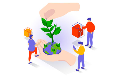 Eco lifestyle concept in 3d isometric design. People care about environment and nature of planet, using environmentally friendly technologies. Vector illustration with isometry scene for web graphicのイラスト素材