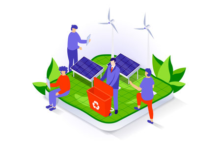 Eco lifestyle concept in 3d isometric design. People use solar panels and wind turbines station to generate green electricity and save nature. Vector illustration with isometry scene for web graphicのイラスト素材