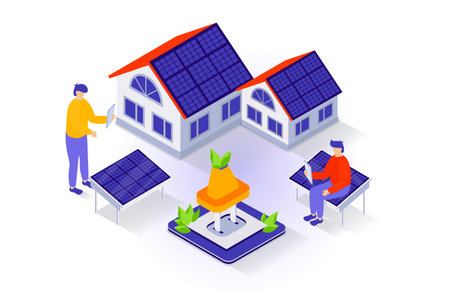Eco lifestyle concept in 3d isometric design. People using solar panels on house roofs for generate electricity, managing smart home system. Vector illustration with isometry scene for web graphicのイラスト素材