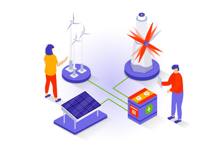 Eco lifestyle concept in 3d isometric design. People using wind turbines and solar panels for green energy generation, care natural resources. Vector illustration with isometry scene for web graphicのイラスト素材
