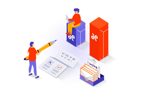 Election and voting concept in 3d isometric design. People vote in democratic elections, choose their political candidate, show exit polls. Vector illustration with isometry scene for web graphicのイラスト素材