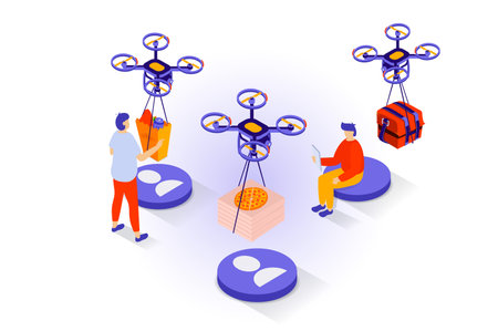 Food delivery concept in 3d isometric design. People ordering products bags and pizza from restaurant and receiving parcels from flying drones. Vector illustration with isometry scene for web graphicのイラスト素材