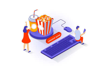 Food delivery concept in 3d isometric design. People ordering popcorn and drink, paying online for snacks and shipping at home using computer. Vector illustration with isometry scene for web graphicのイラスト素材
