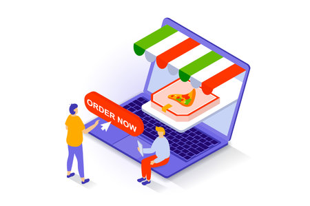 Food delivery concept in 3d isometric design. People ordering pizza at pizzeria, paying online from computer and using shipping with courier. Vector illustration with isometry scene for web graphicのイラスト素材