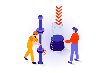 Oil industry concept in 3d isometric design. People work at oil production plant, making research at test tube, check and control pipeline. Vector illustration with isometry scene for web graphicのイラスト素材