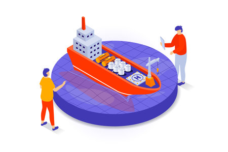 Oil industry concept in 3d isometric design. People selling petroleum products using tanker ship for cargo transportation to global market. Vector illustration with isometry scene for web graphicのイラスト素材