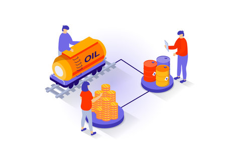Oil industry concept in 3d isometric design. People selling petroleum products in barrels and tank railroad wagon to export and earning money. Vector illustration with isometry scene for web graphicのイラスト素材