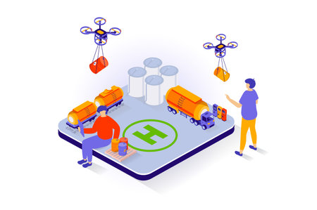 Oil industry concept in 3d isometric design. People working at petroleum storage factory with containers, tank railroad wagons, flying drones. Vector illustration with isometry scene for web graphicのイラスト素材