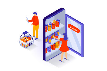 Online shopping concept in 3d isometric design. People choosing goods in store assortment at webpage, ordering delivery and paying in app. Vector illustration with isometry scene for web graphicのイラスト素材