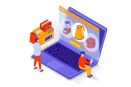 Online shopping concept in 3d isometric design. People choosing kitchen appliance at store assortment webpage, ordering and paying at laptop. Vector illustration with isometry scene for web graphicのイラスト素材