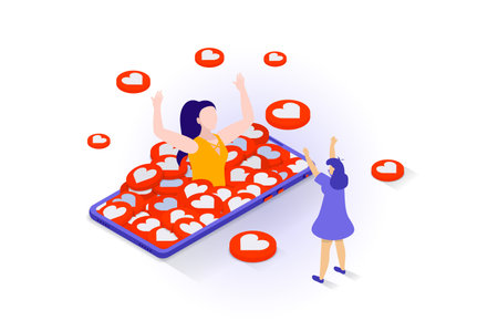 Social media concept in 3d isometric design. People following favorites bloggers and sending links, hearts and comments, chatting online in app. Vector illustration with isometry scene for web graphicのイラスト素材